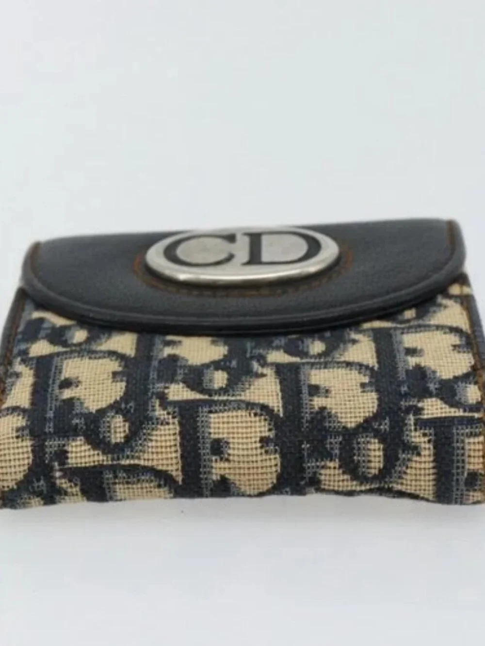 Christian Dior Trotter Canvas Compact Wallet Navy Silver Auth 181463A